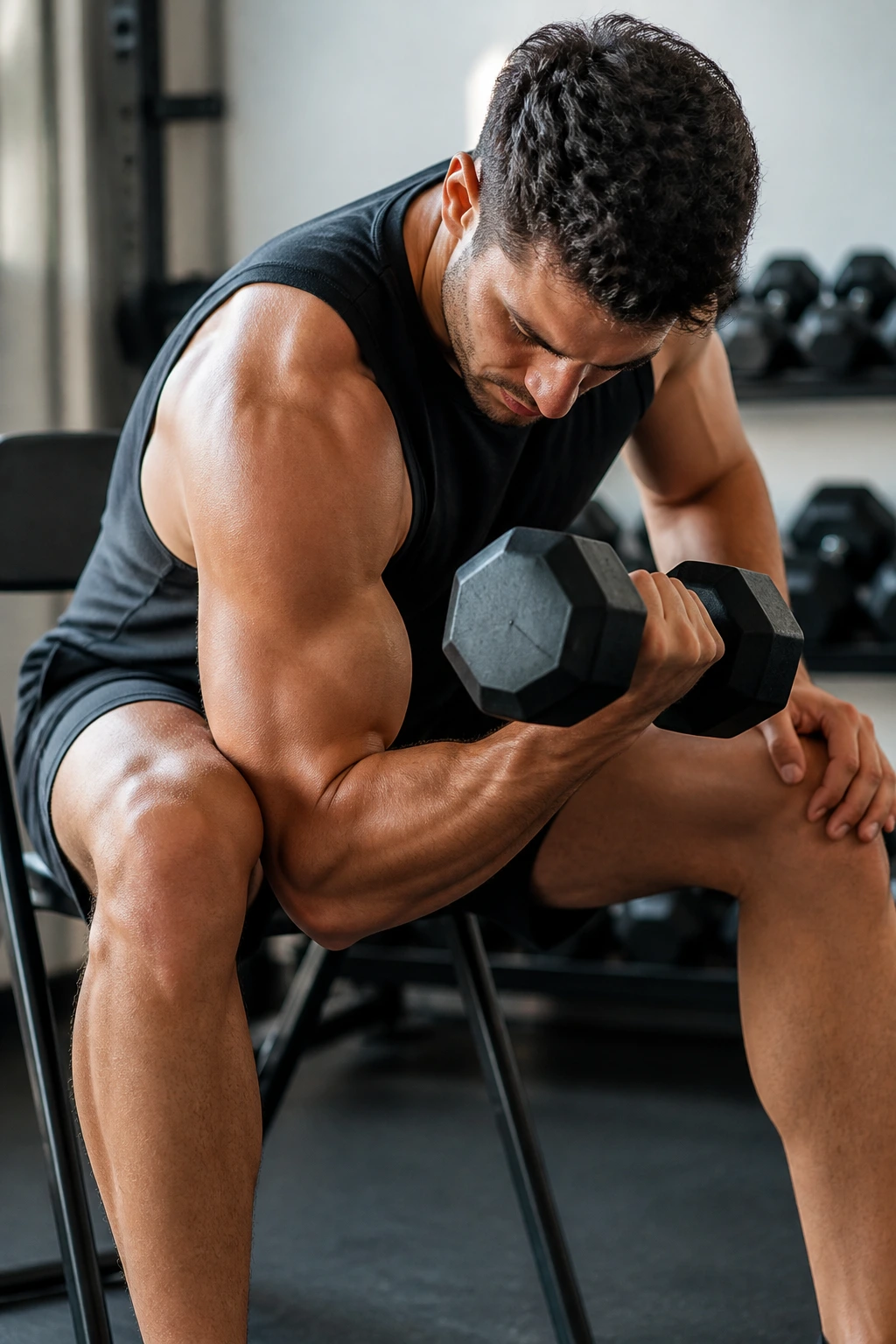 Seated concentration curl showing isolated bicep contraction