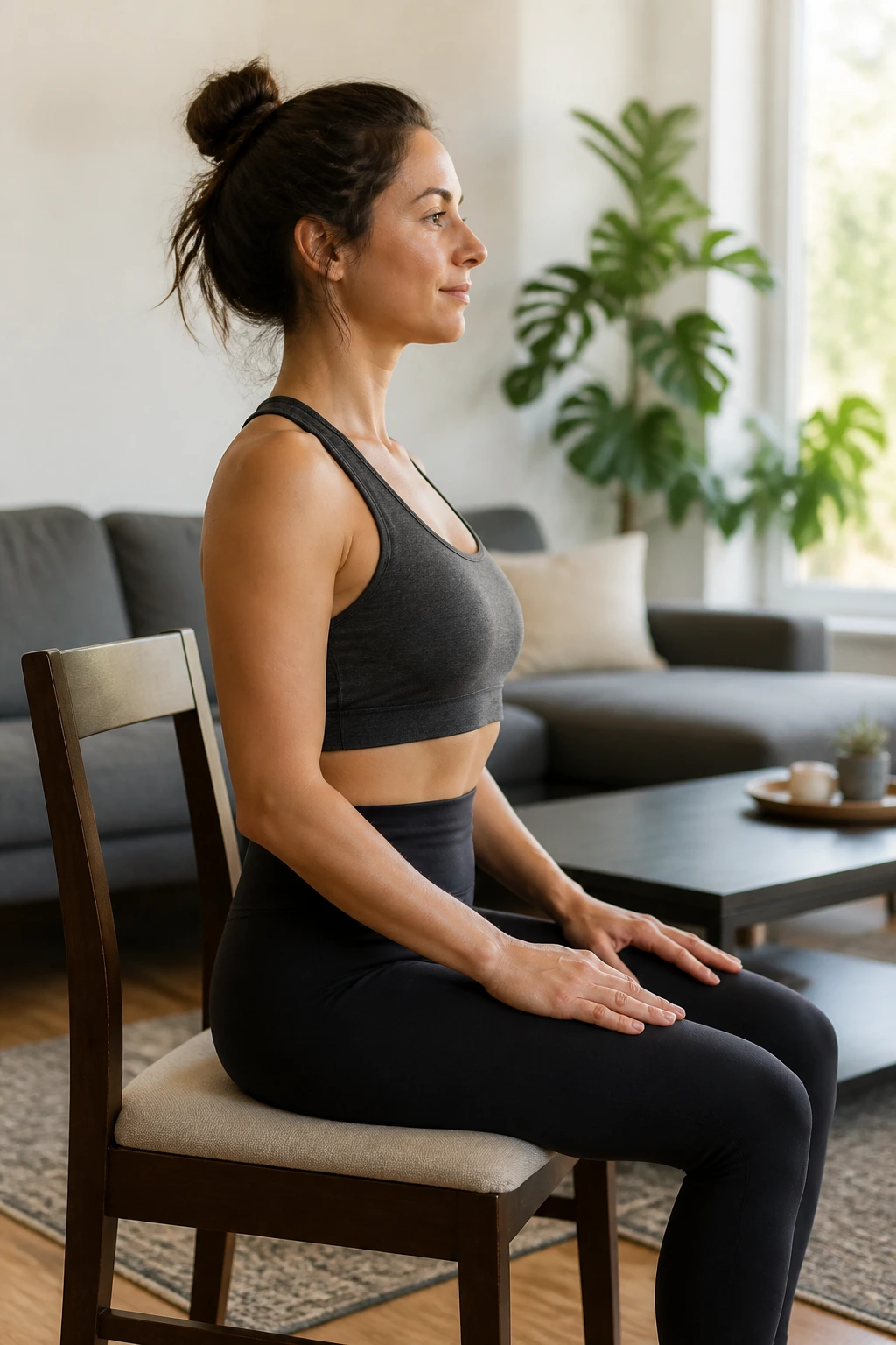 Real person seated tall practicing seated core engagement
