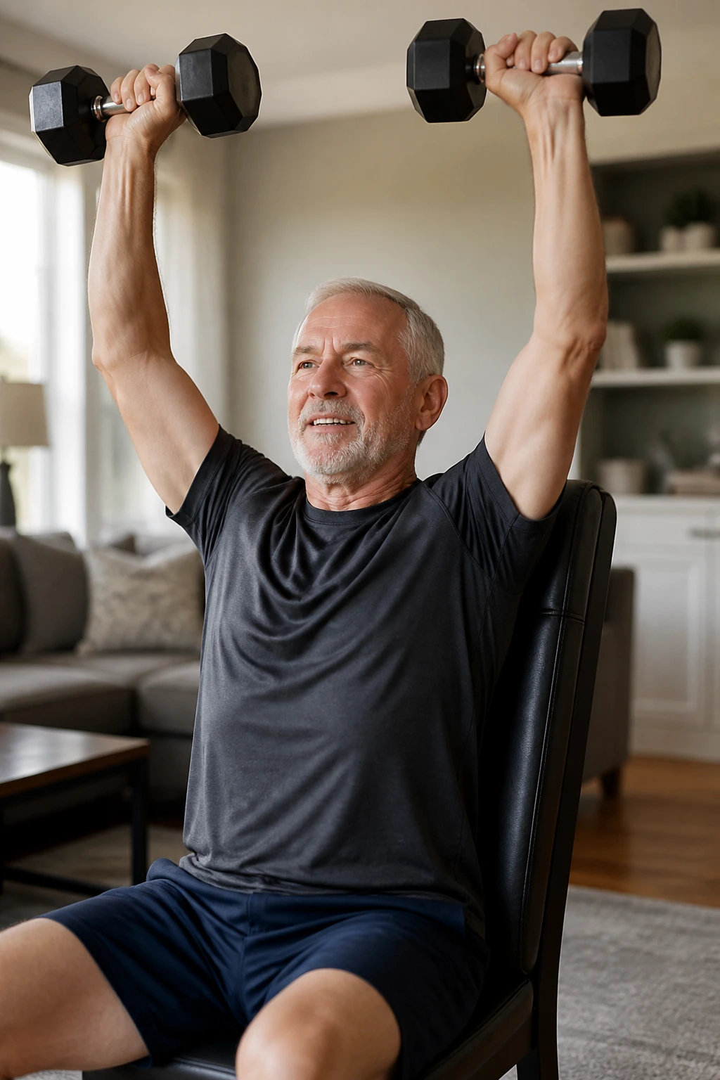 Close-up of a person seated and pressing dumbbells during a shoulder press