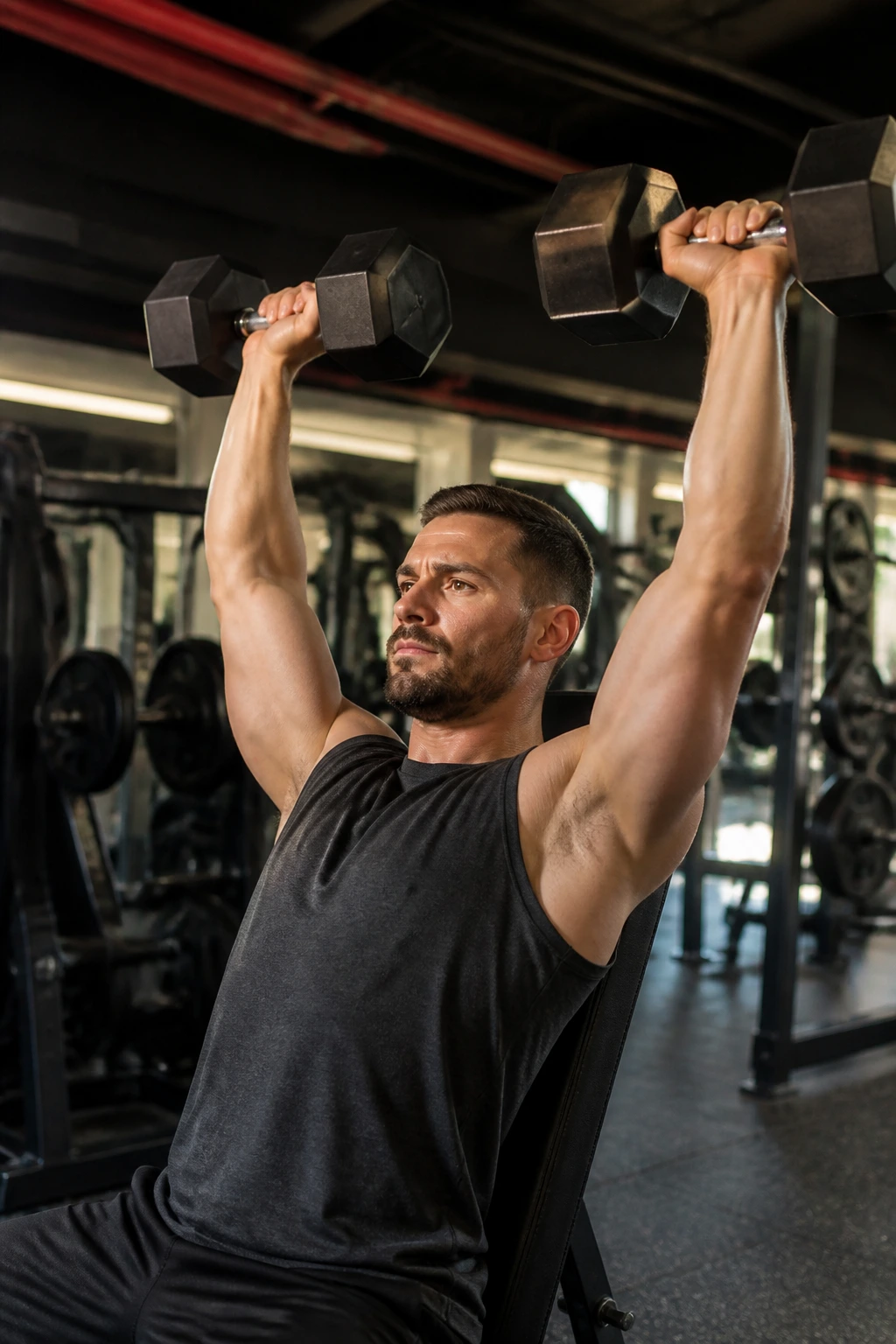 Close-up of seated dumbbell shoulder press in gym