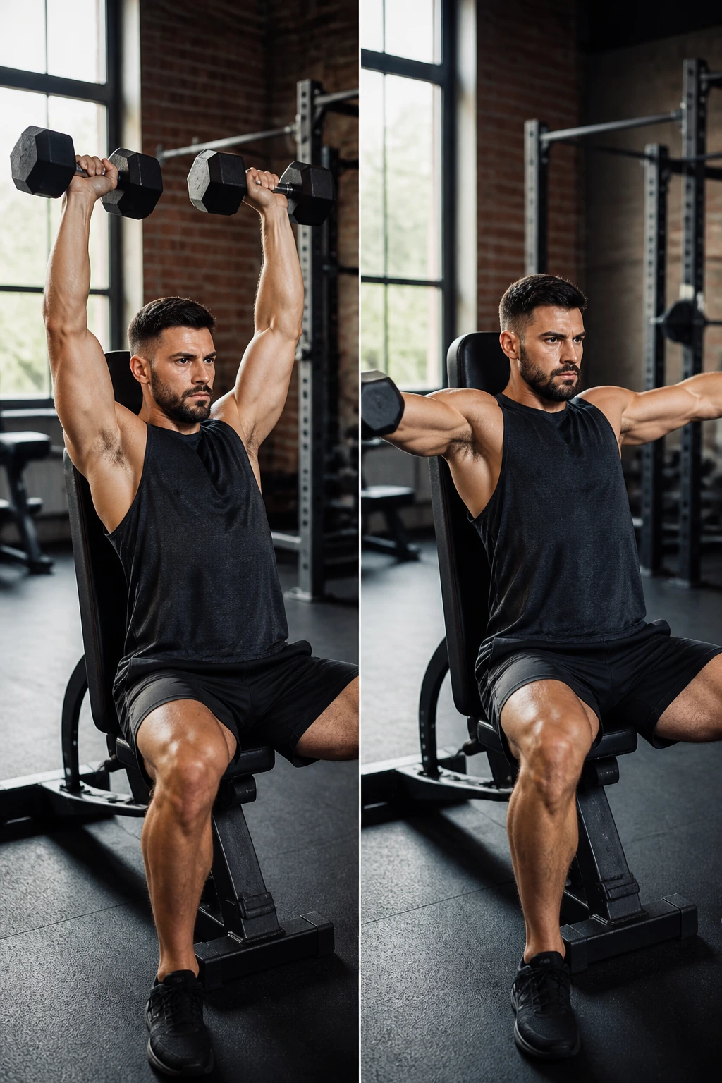 Split-screen seated dumbbell press and lateral raise performed by a real person
