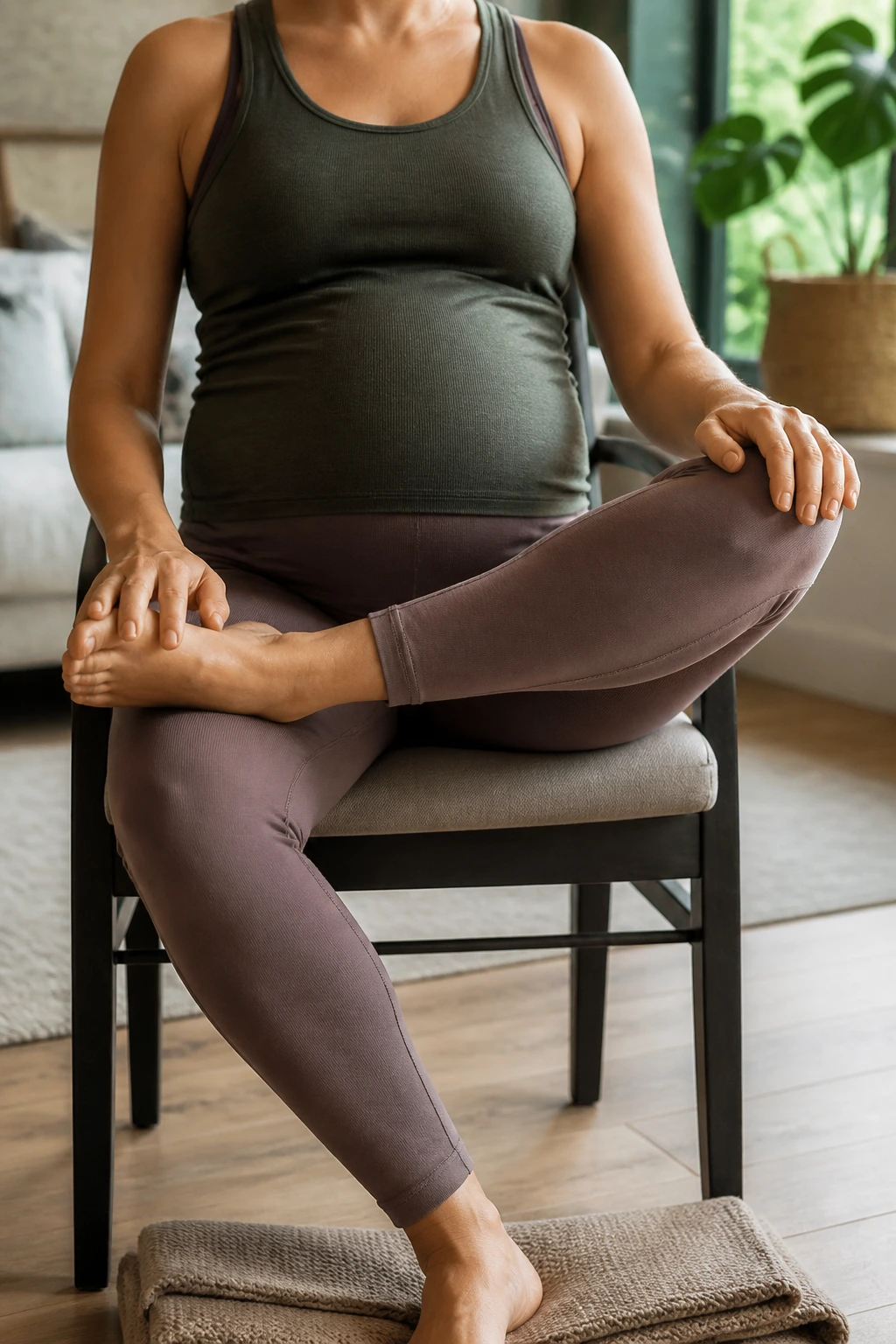 Person seated on a chair performing seated figure-four hip circles in a cozy home room.