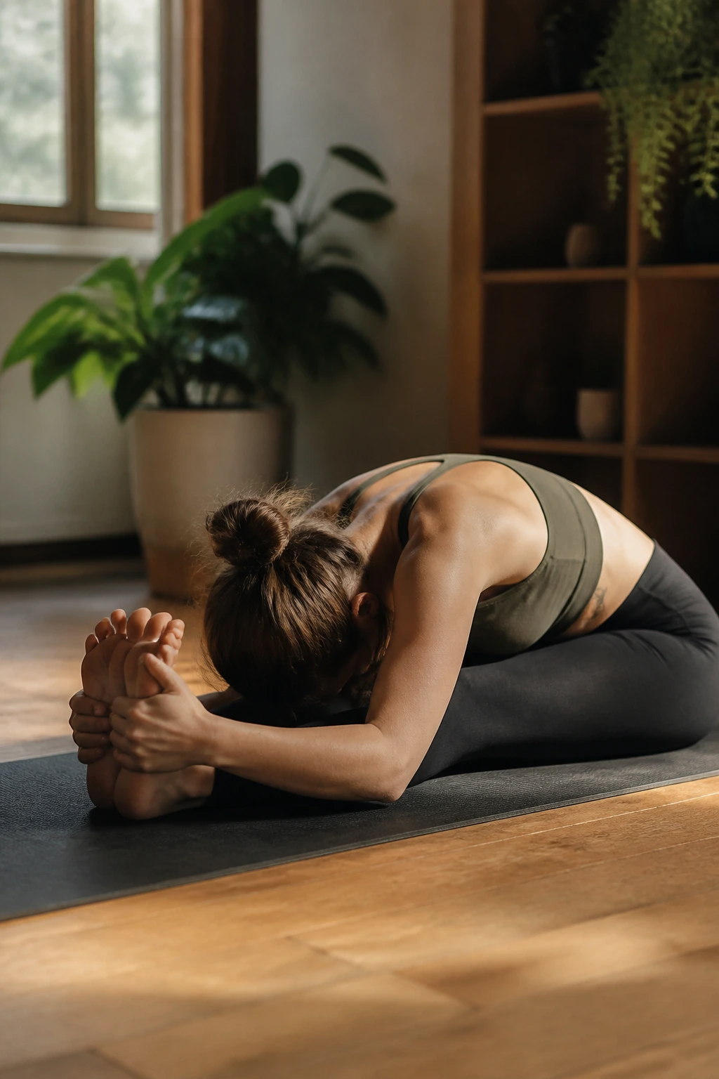 Person in seated forward fold focusing on spine length