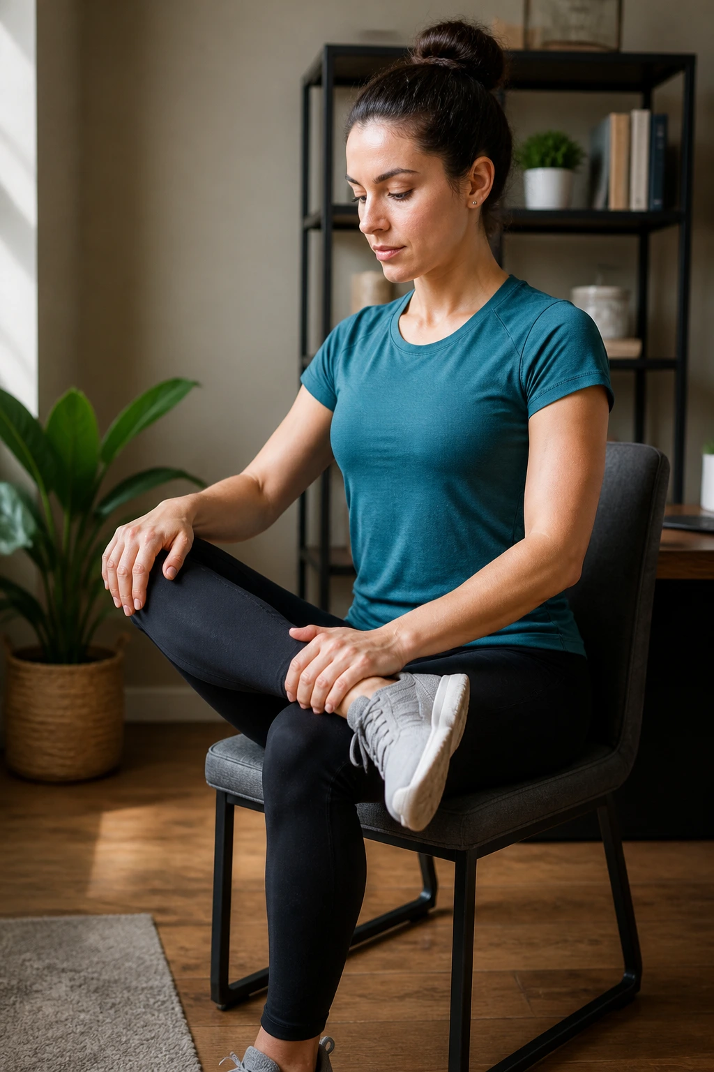 Person seated performing glute stretch on chair
