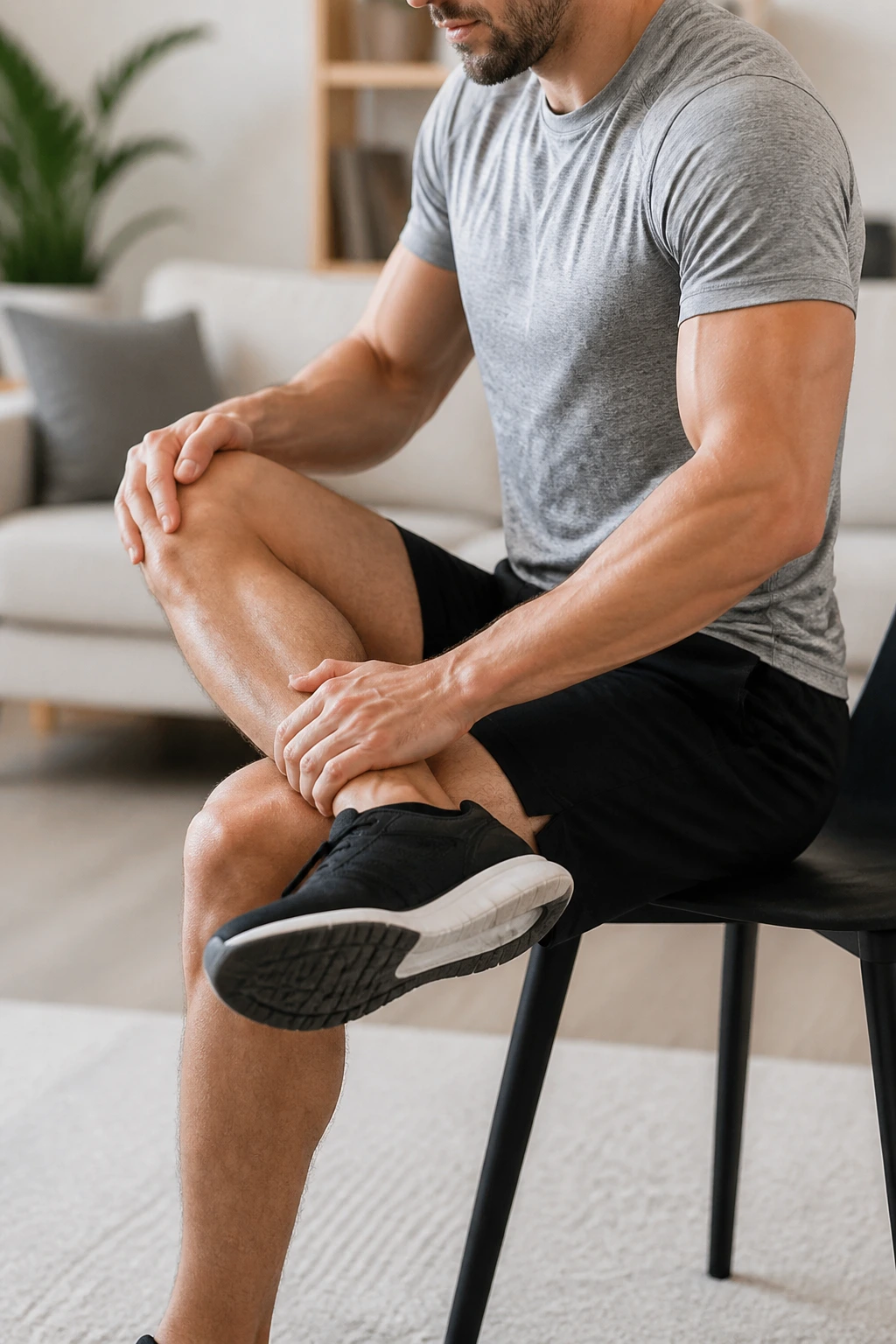 Close-up of a person performing seated glute stretch with ankle over knee on a chair.