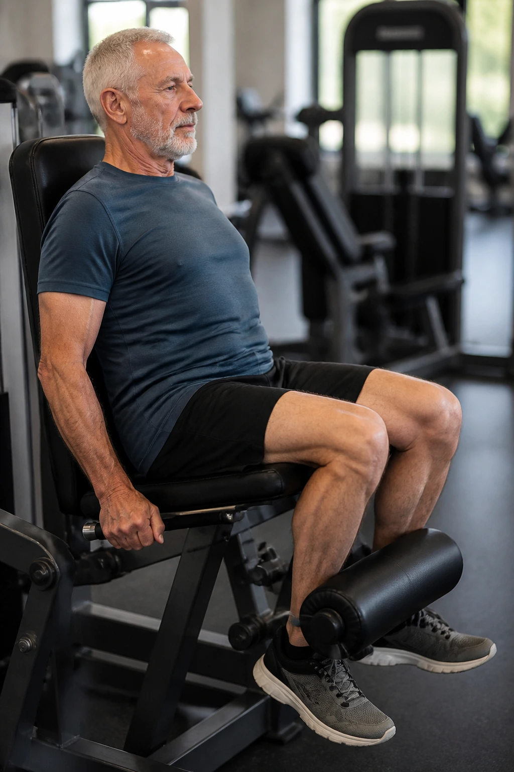 Senior performing seated hamstring curl on machine
