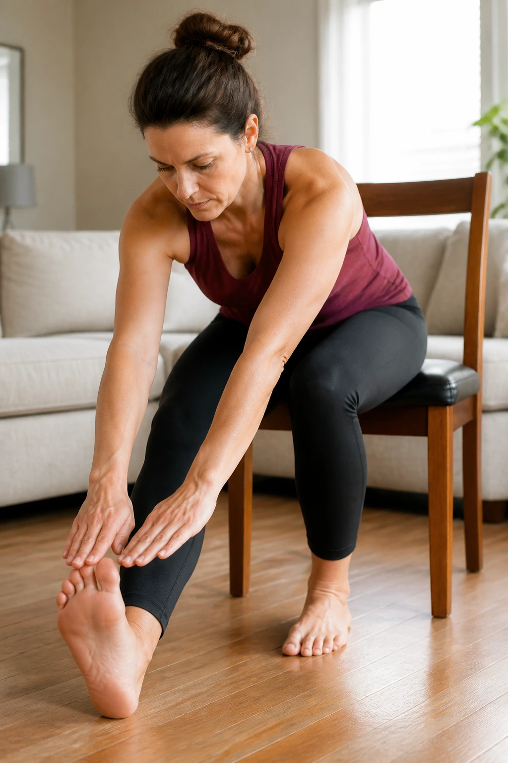 Seated leg stretch on a chair focusing on hamstring