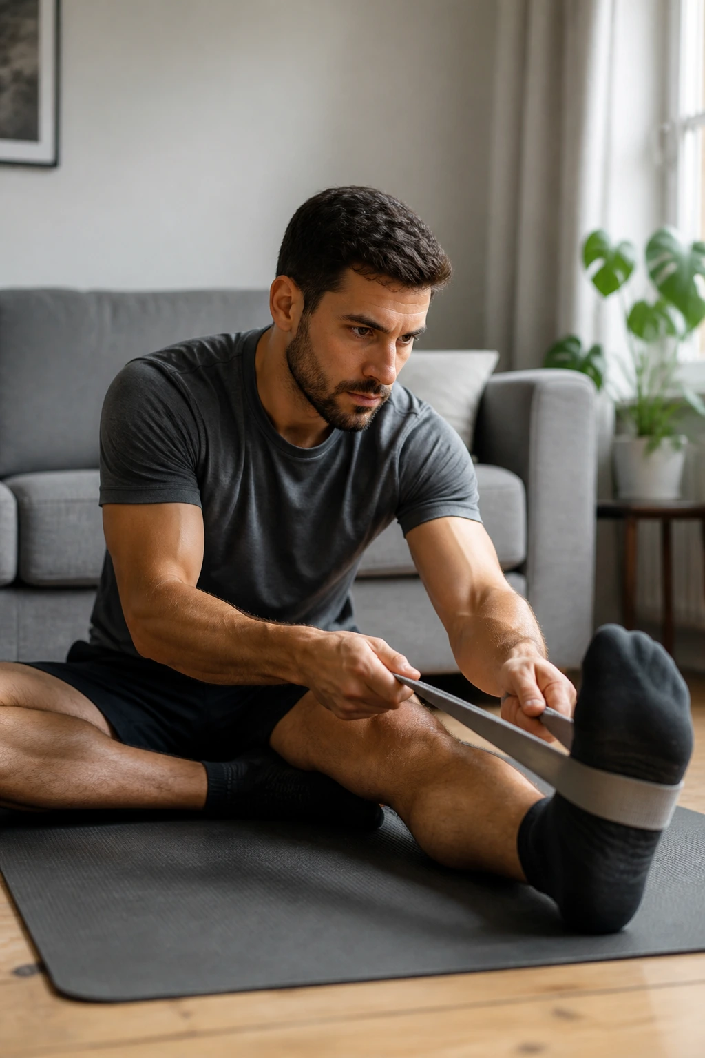 Person seated in a hamstring stretch with a strap around the foot in a living room.