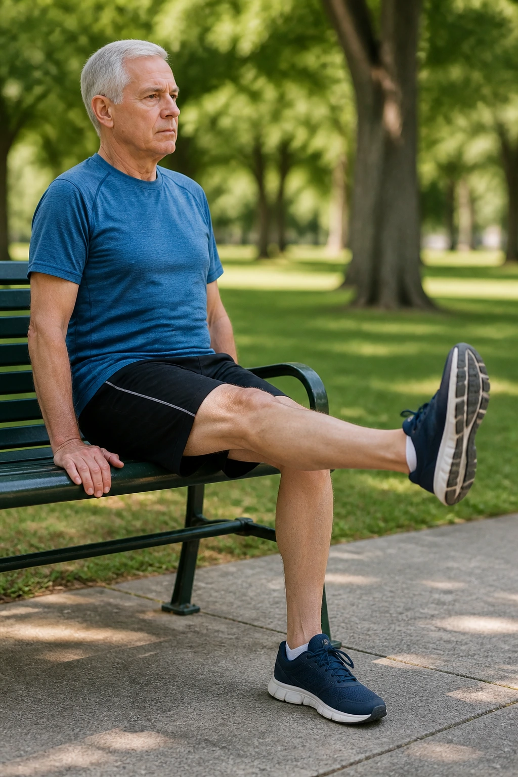 Senior performing seated knee extensions on a park bench
