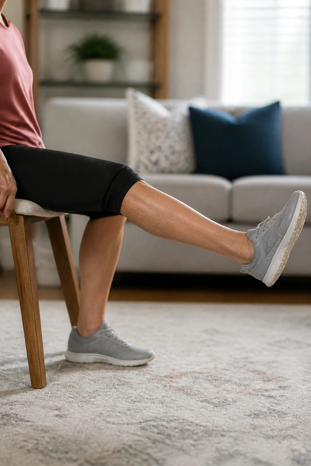 Close-up of a leg extended while seated performing leg extensions