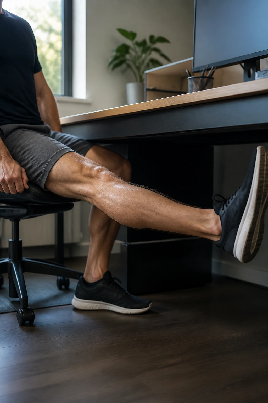Person performing seated leg extensions under a desk in an office.