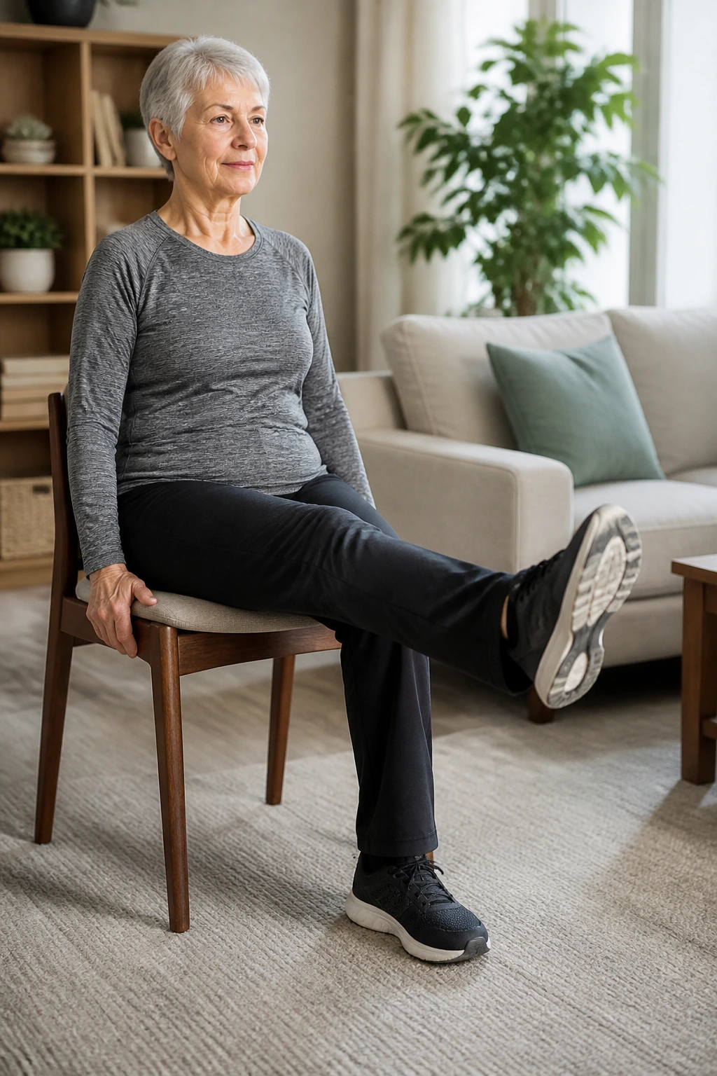 Older adult performing seated leg extensions in chair