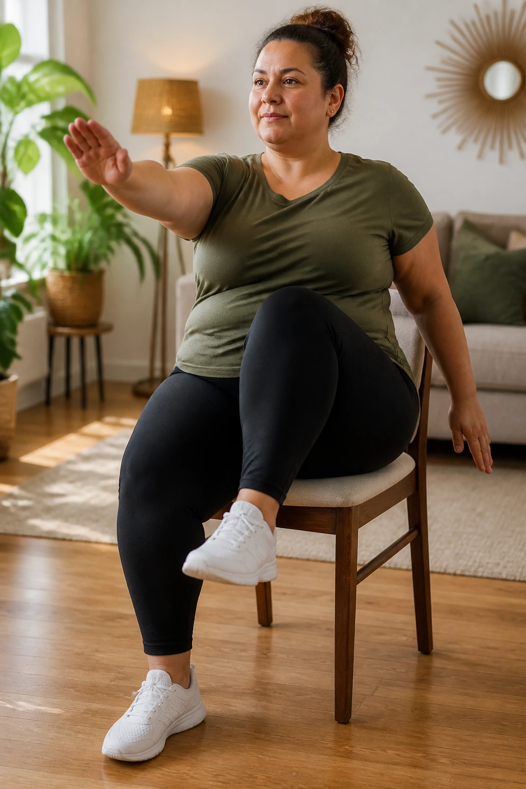 Person seated on chair performing seated march-and-reach in living room.
