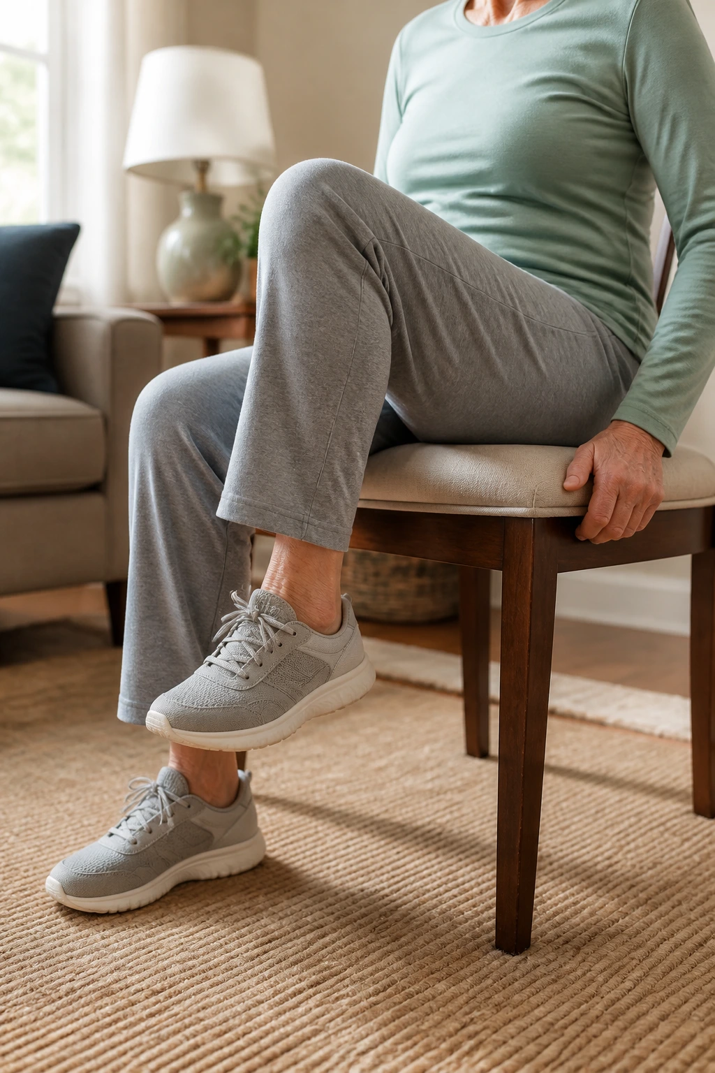 Close-up of an older adult's legs and feet performing seated marching in a living room