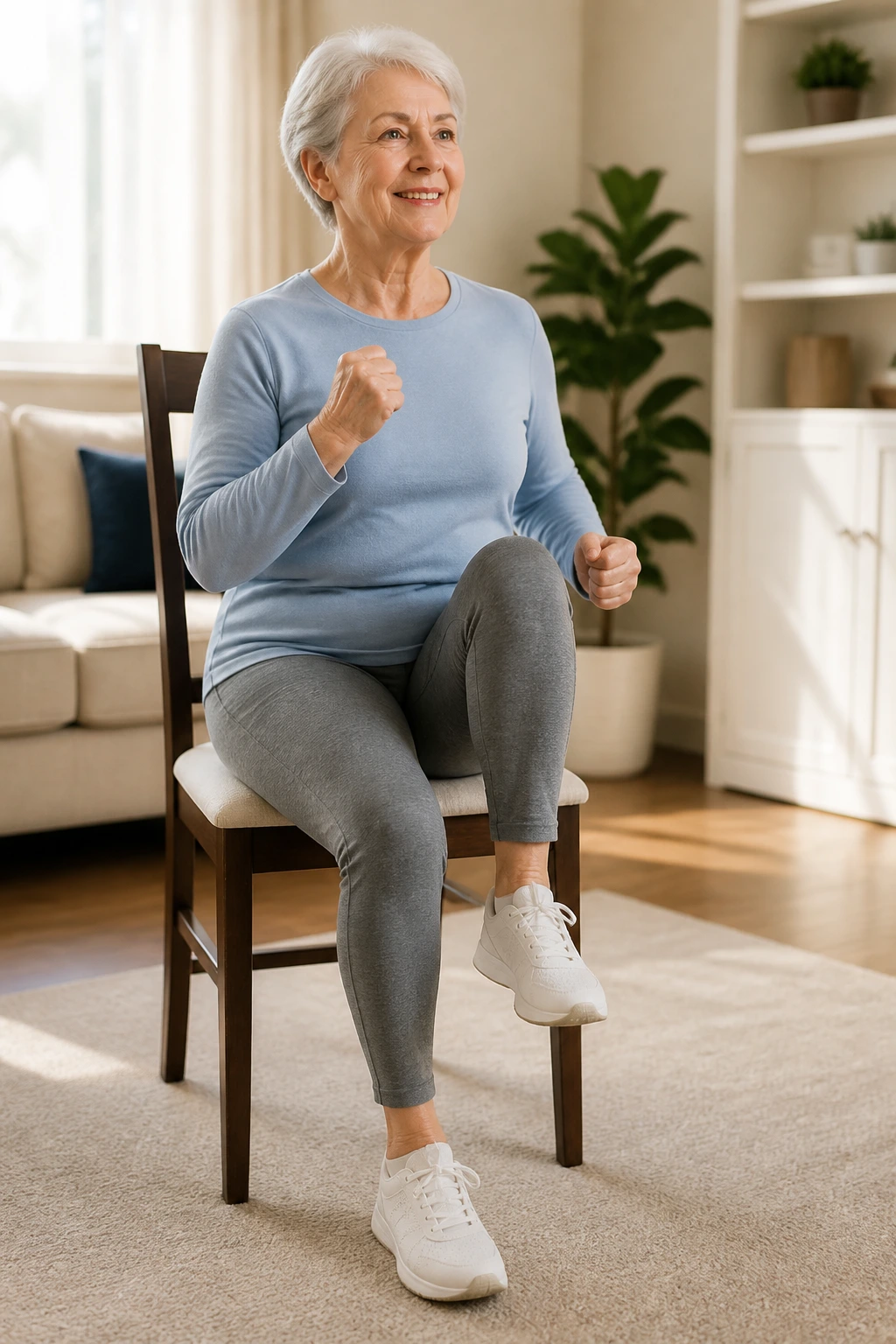Close-up of a senior woman performing seated marching in a home setting