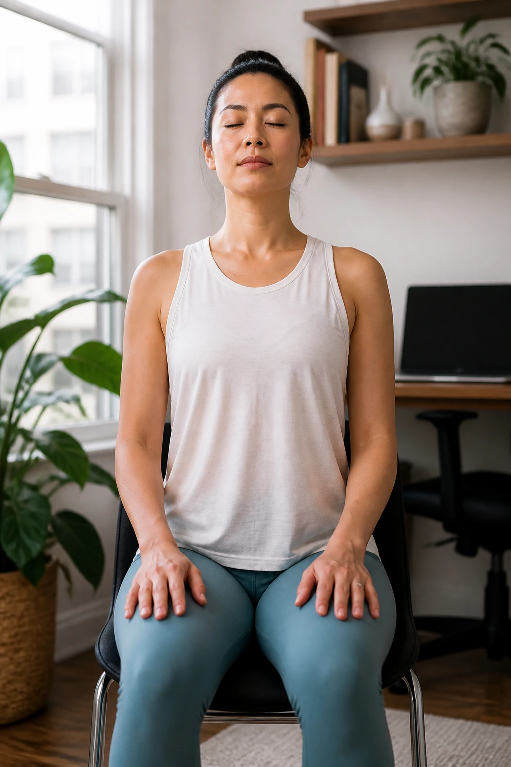 Person sits tall in Seated Mountain Pose on a chair with upright spine and calm expression