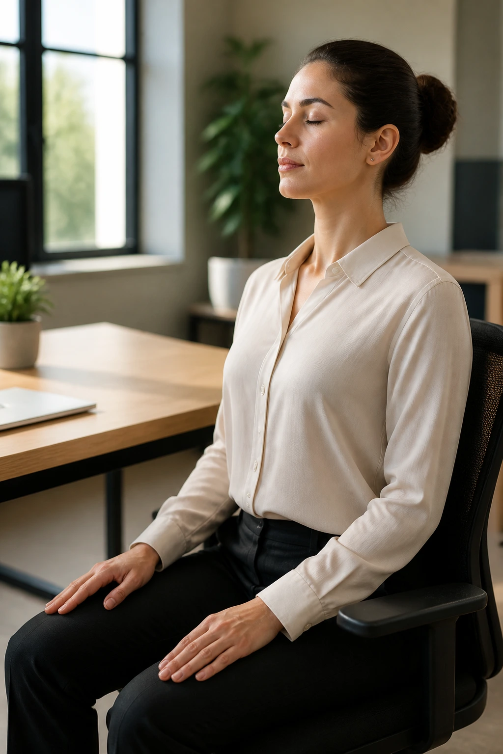 Close-up of a real person seated in an office chair performing seated mountain pose