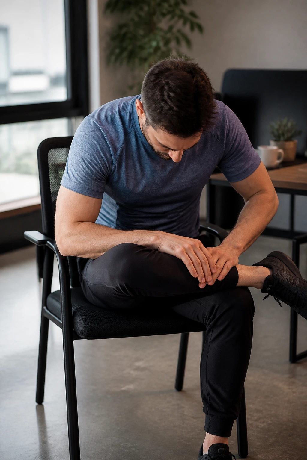 Seated pigeon hip stretch on chair at desk