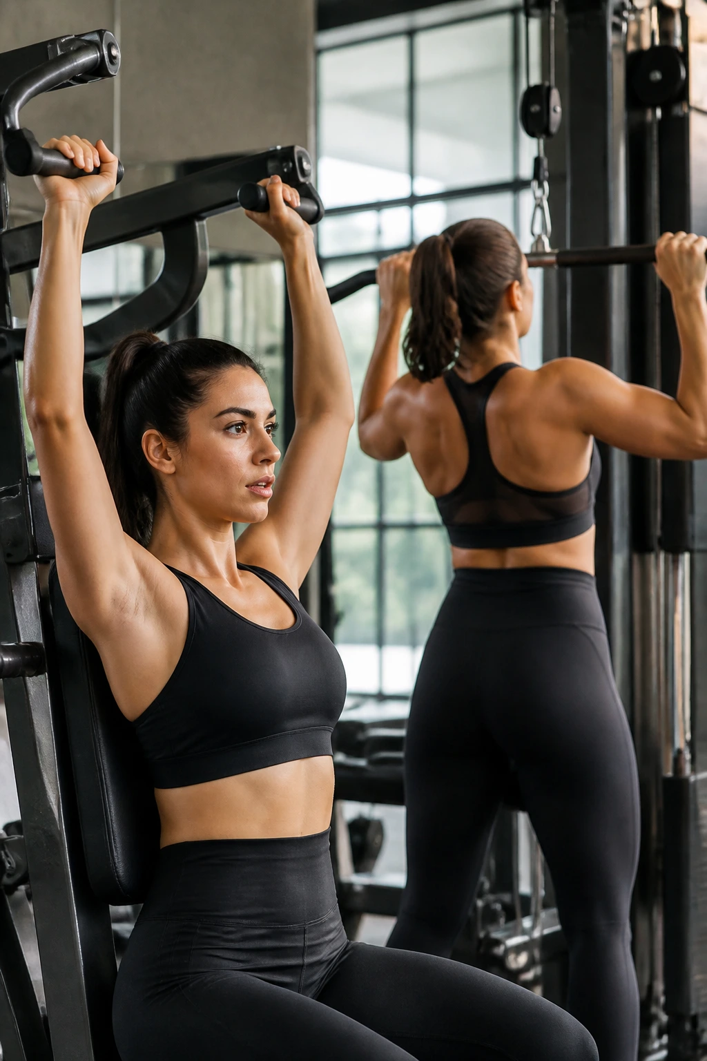 People performing seated overhead press and lat pulldown in a gym.