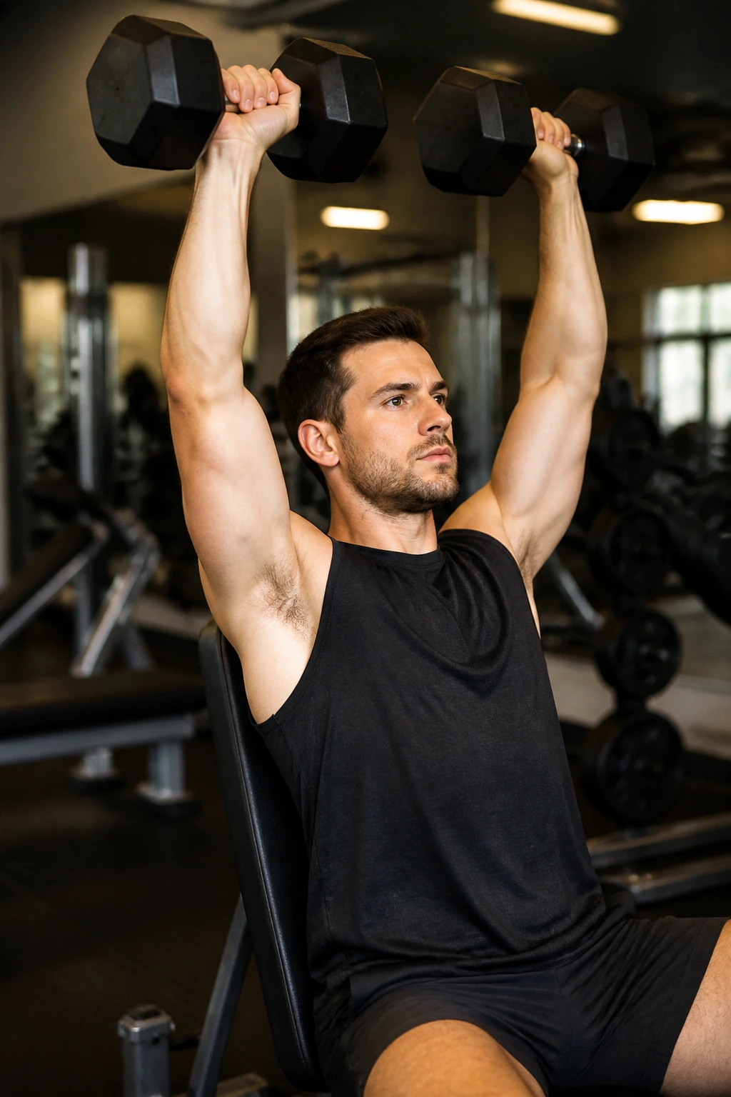 Seated dumbbell shoulder press with back supported in a gym