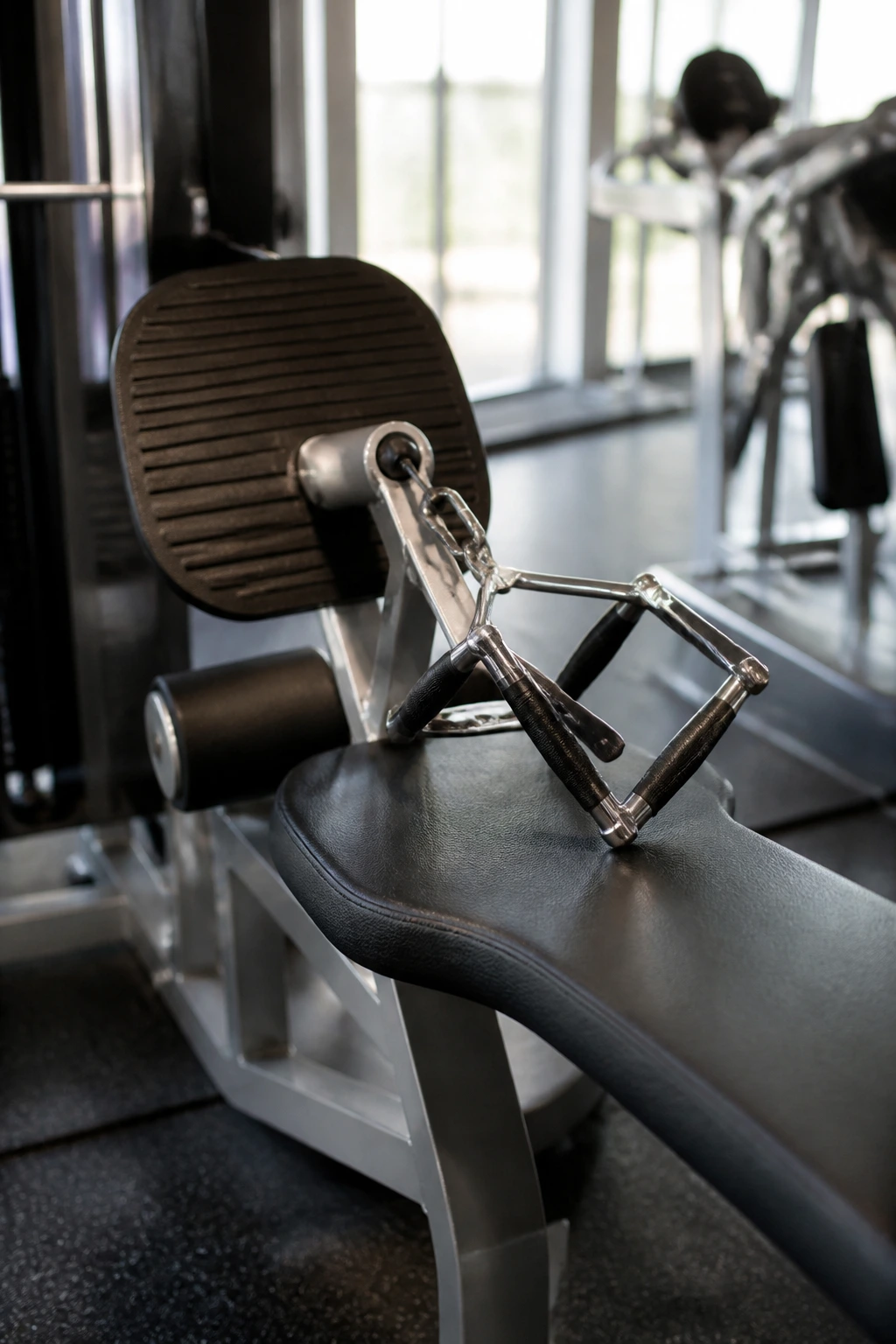 Close-up of seated row handle and chest pad in gym.