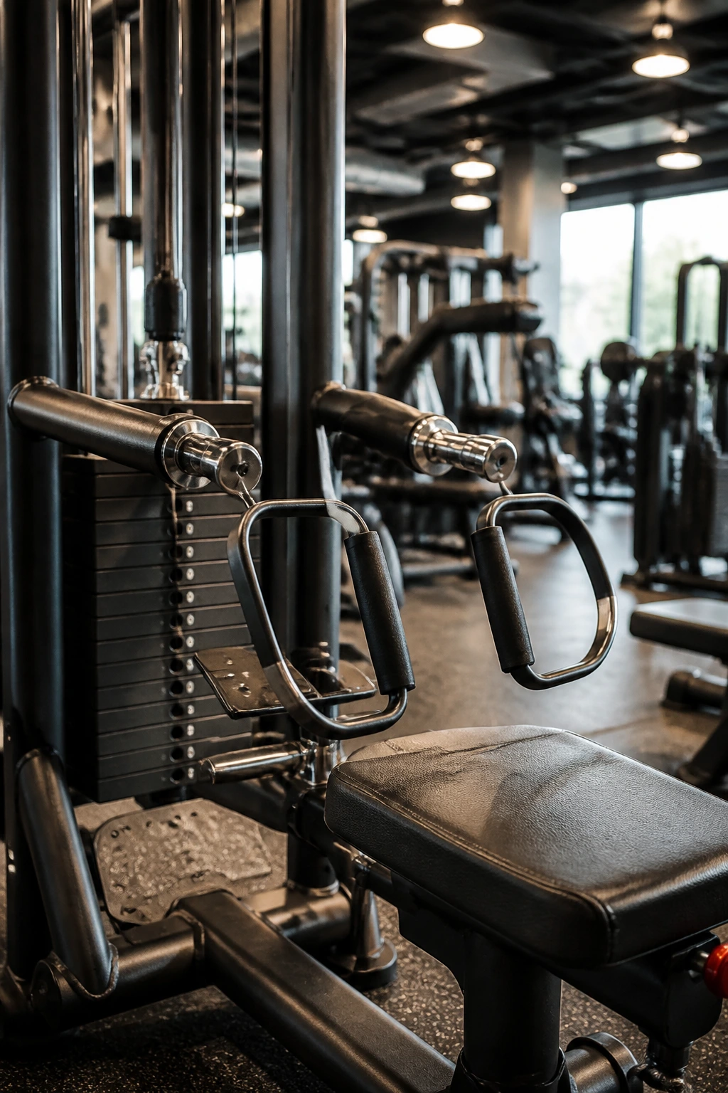 Close-up of Seated Row Machine with chrome handles and padded seat in a busy gym