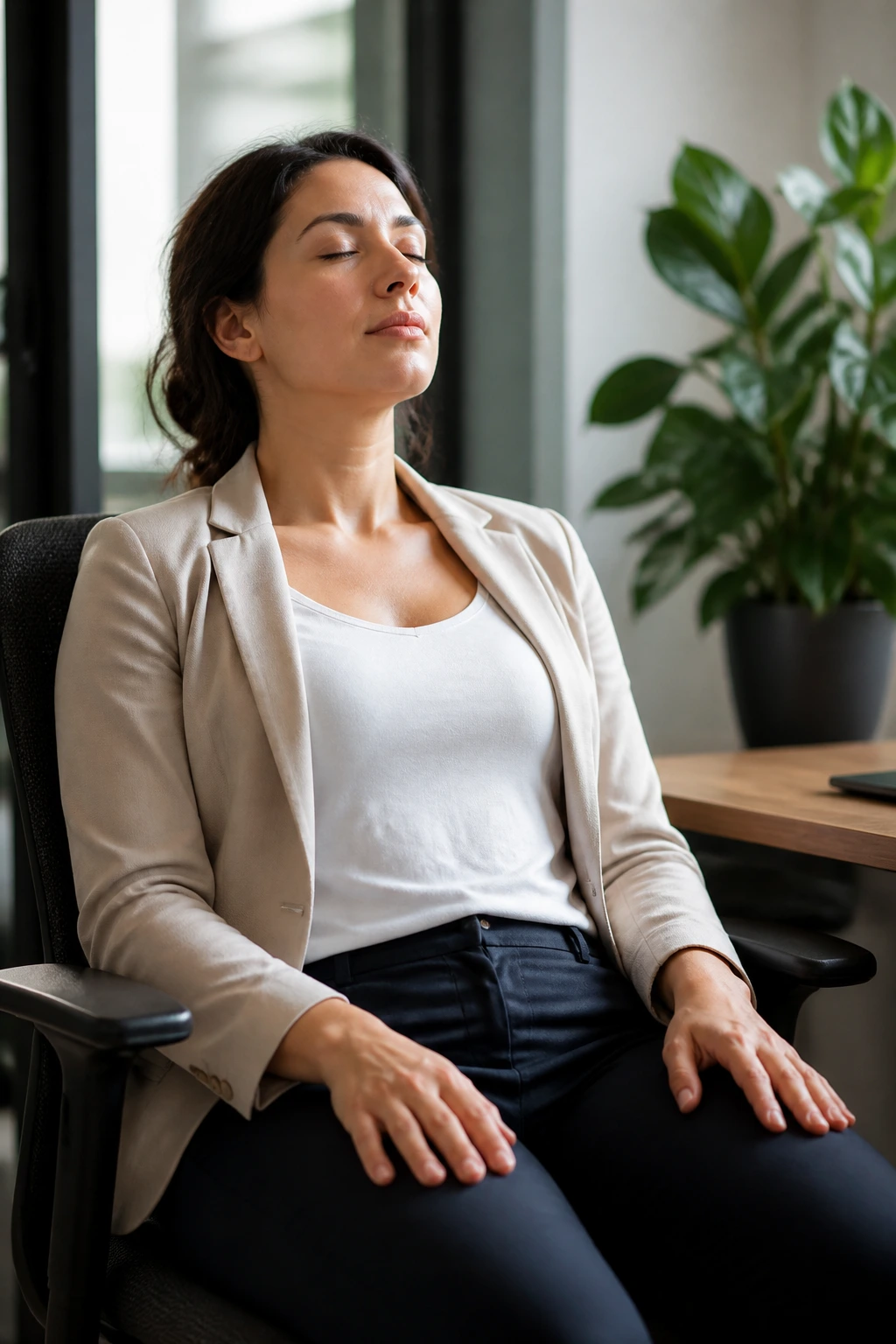 Medium close-up of a person seated in an office chair with eyes closed for seated savasana reset