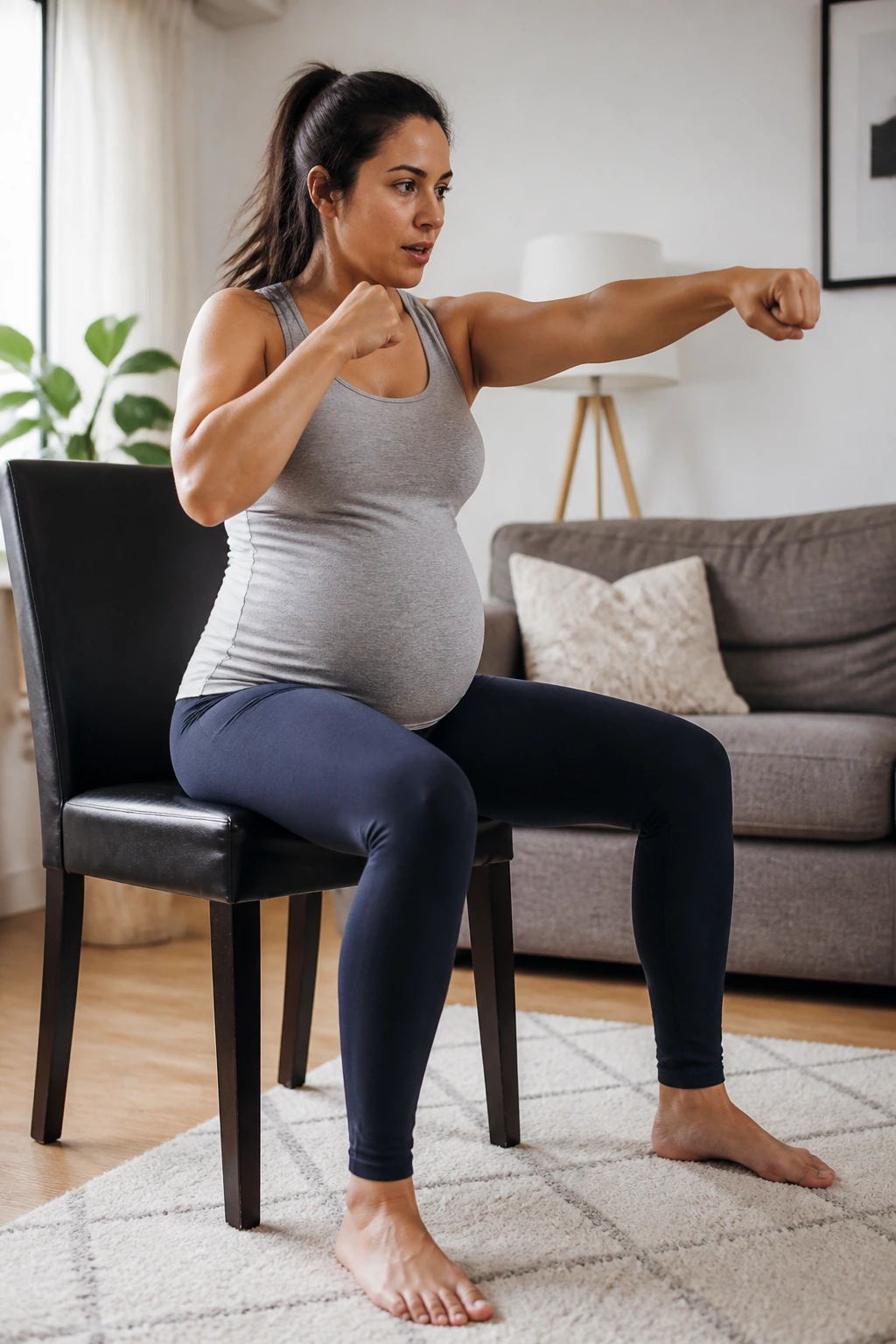 Pregnant woman shadow boxing while seated in a living room
