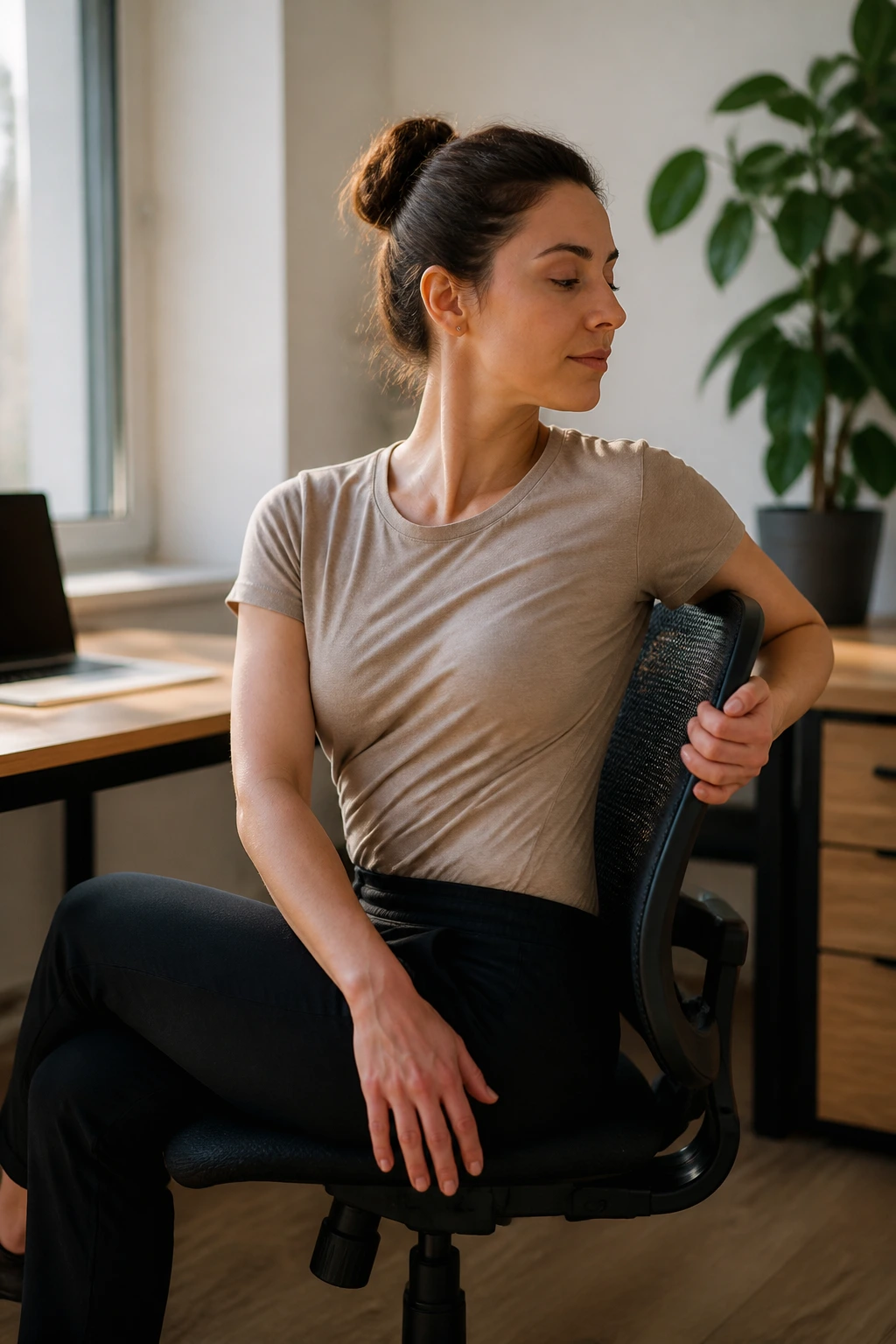 Real person performing Seated Spinal Twist at a desk