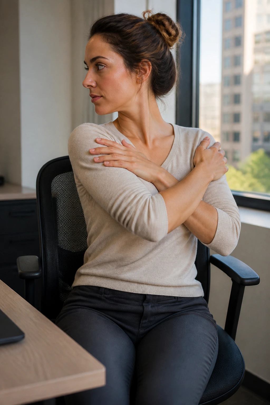 Person performing seated torso twists in an office chair.