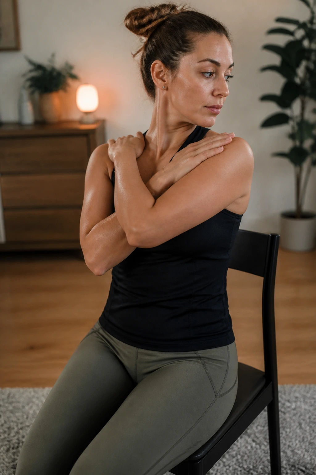 Person seated in a chair performing torso twists
