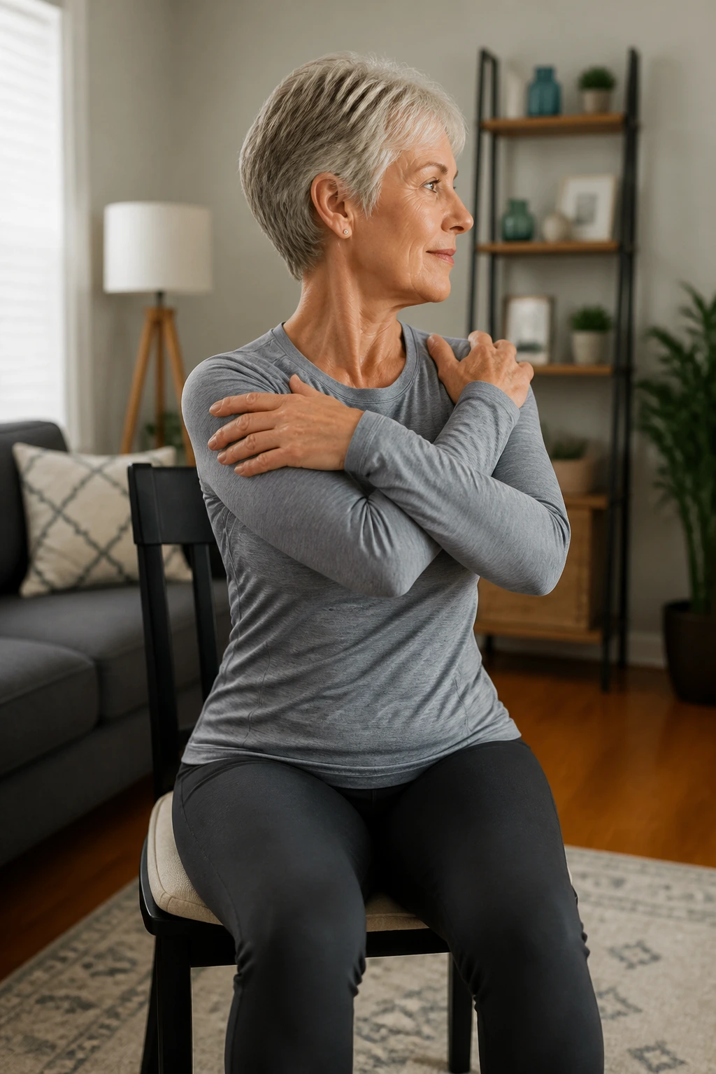 Real person seated in a chair performing seated torso twists in a living room