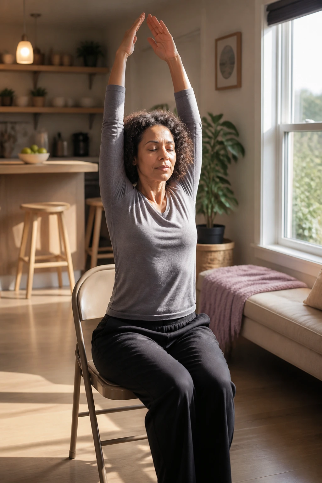 Medium shot of a person performing a seated chair sun flow with arms raised and forward fold in bright natural light