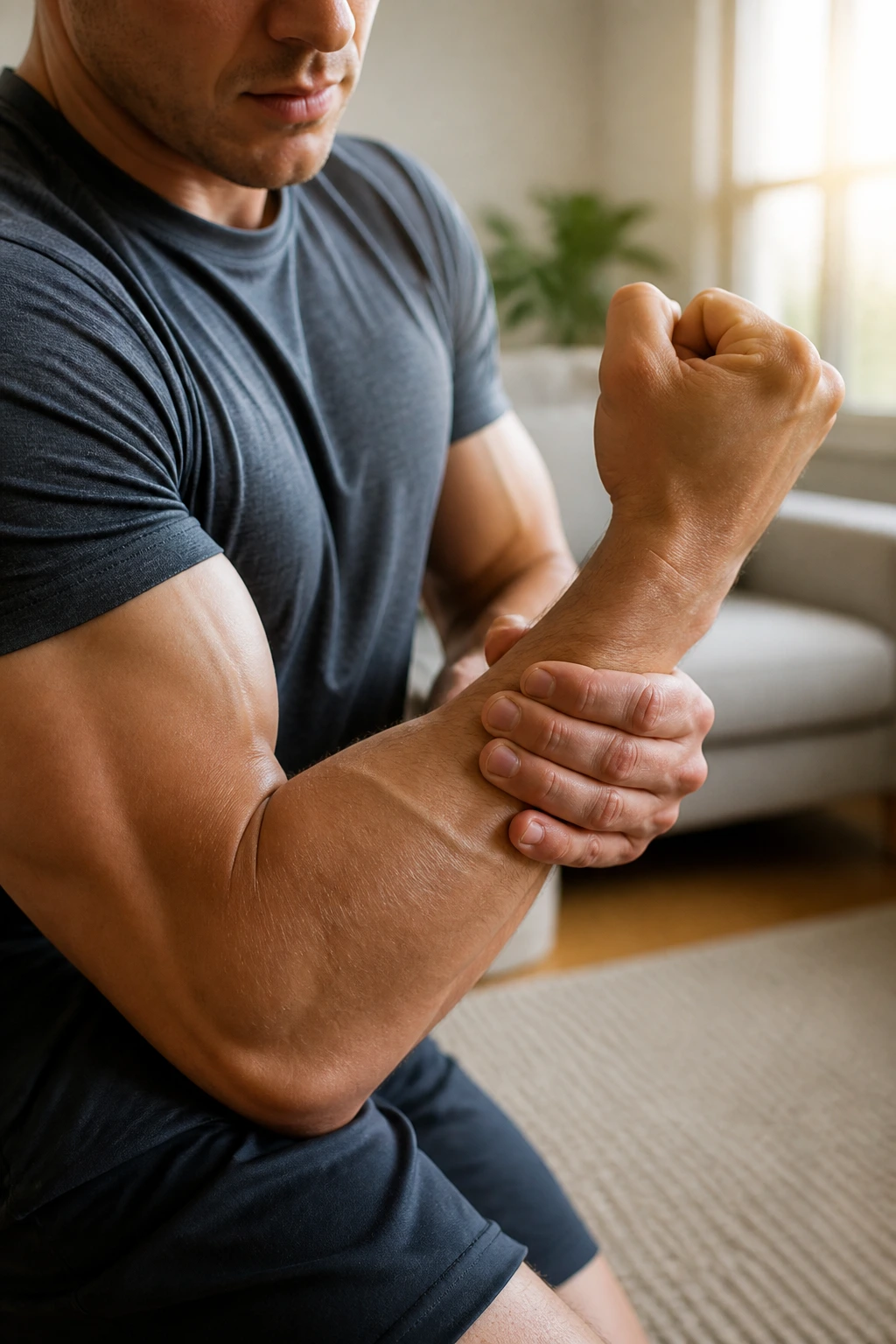 Close-up of a person performing self-resisted biceps curls at home, arm flexing with opposite hand applying resistance.