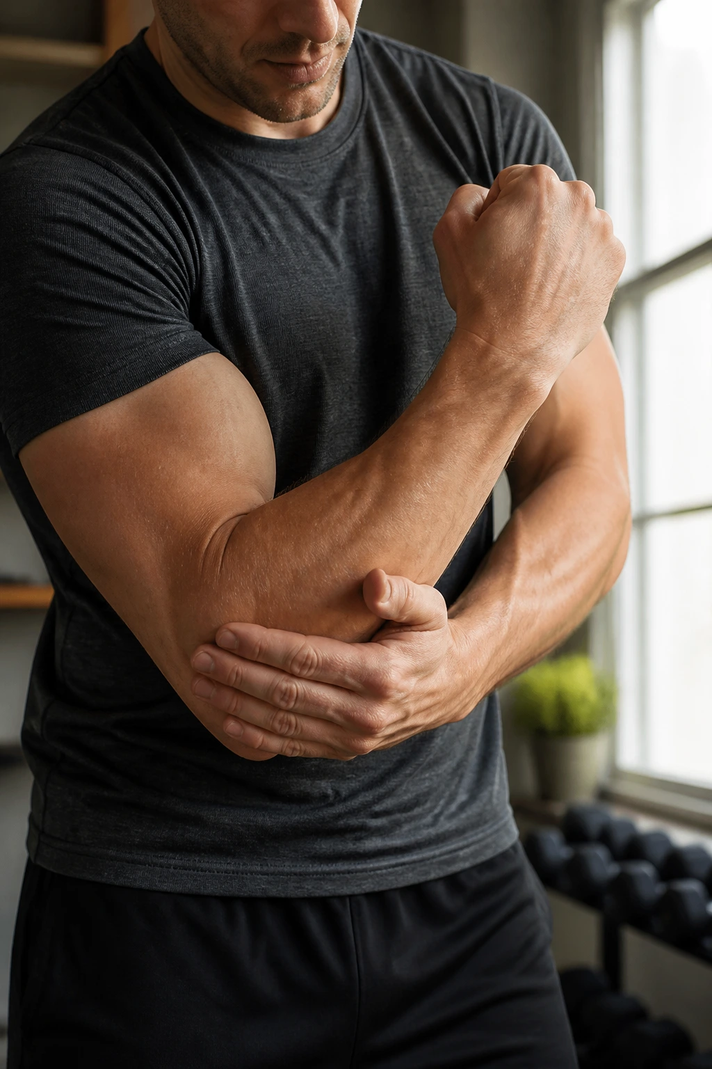 Close-up of forearm and bicep during a self-resisted curl in a home gym