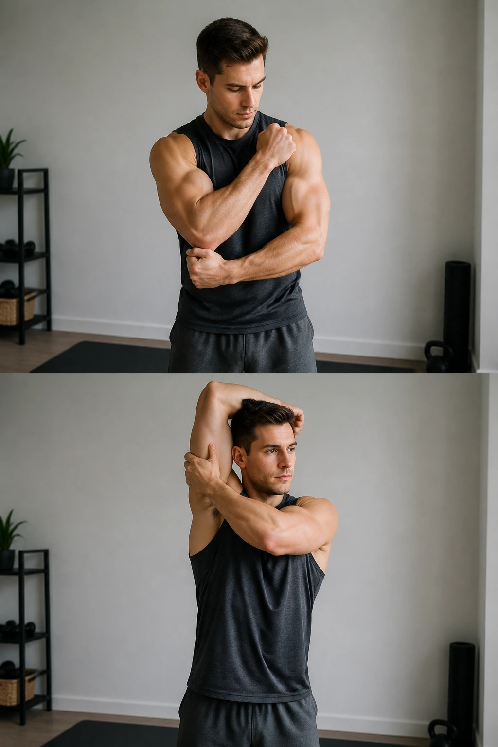Arms showing self-resisted curls and presses in a home space