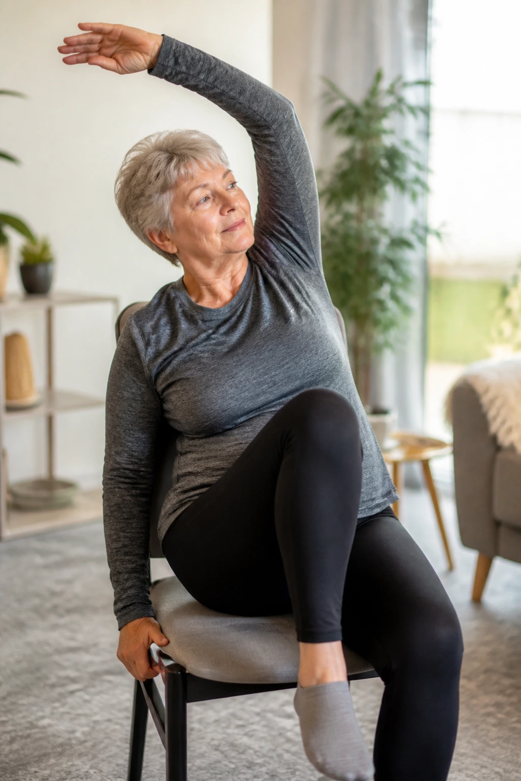 Close-up of an older adult seated performing gentle seated marching.