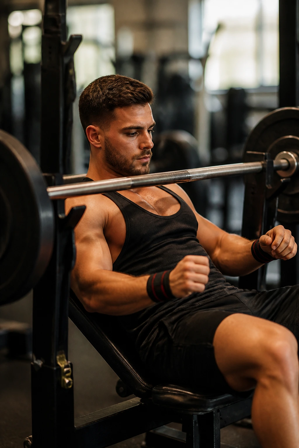 Lifter preparing a bench press between sets in a gym