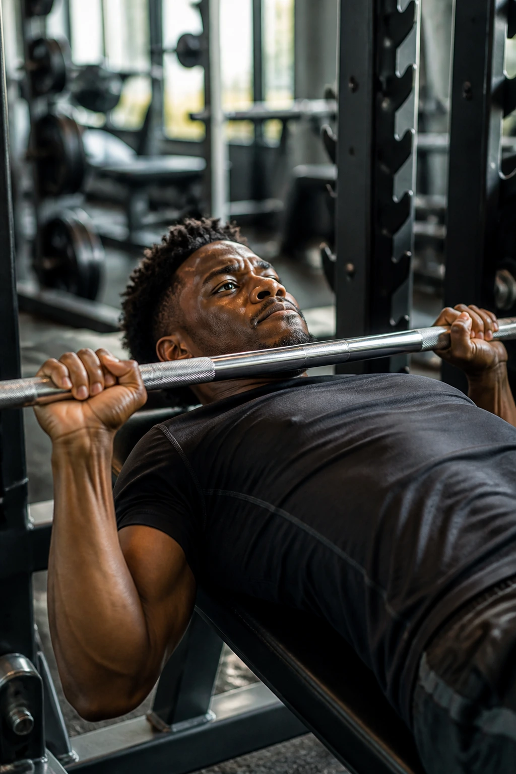 Medium close-up of a lifter performing a bench press mid-rep in a gym