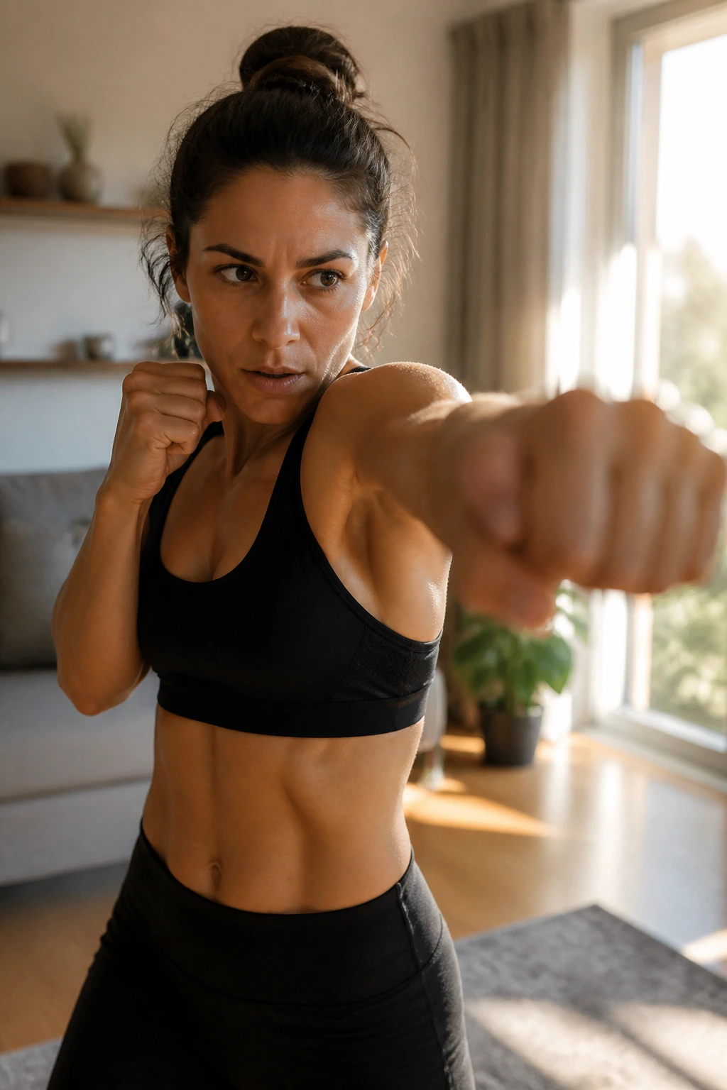 Medium close-up of a person shadow boxing indoors with focused arm movement.