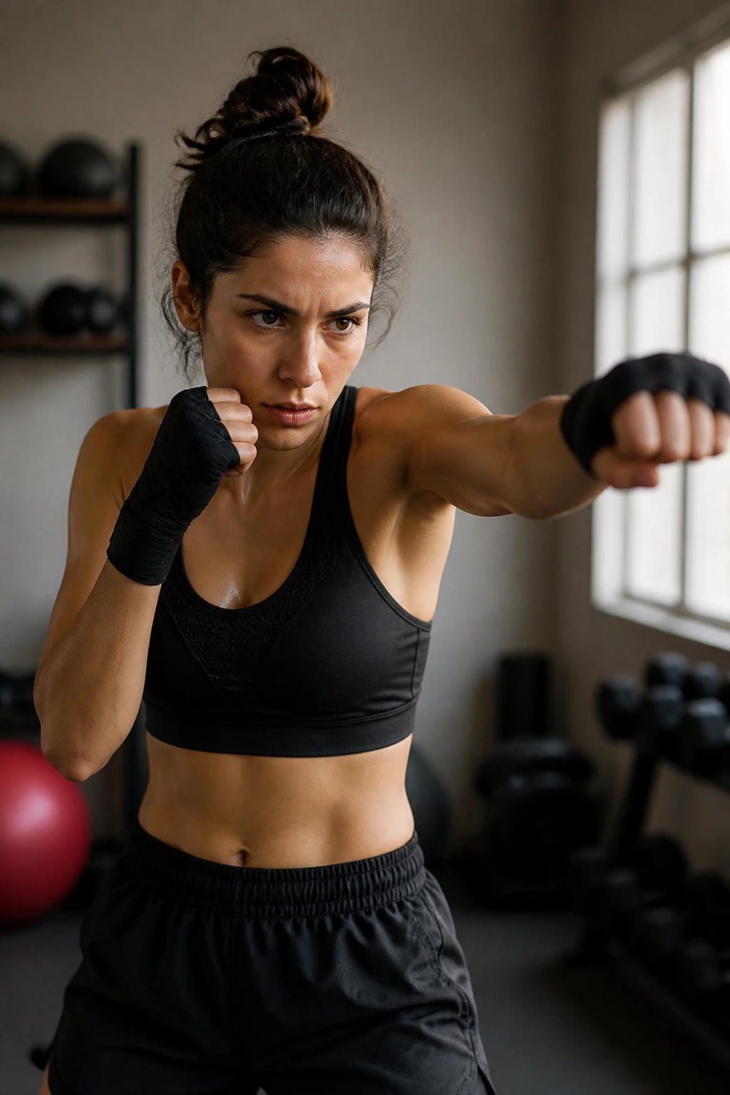 Person performing shadow boxing in a home gym with crisp punches.