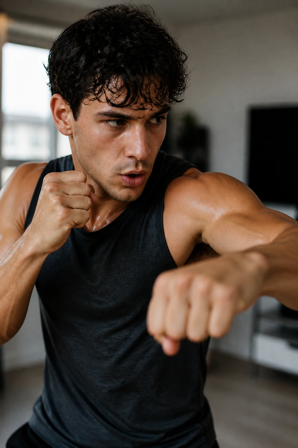 Close-up of a person shadow boxing with punch motion in a living room