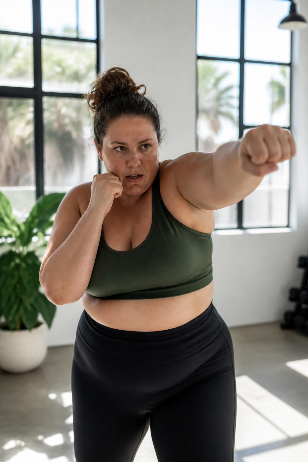 Person shadow boxing with controlled punches in a spacious area
