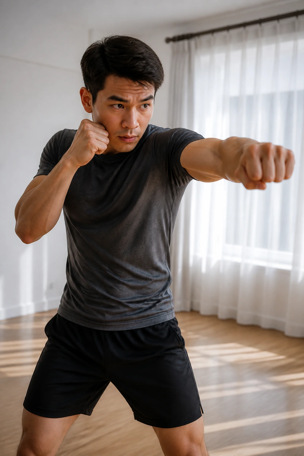 Real person shadow boxing in a home environment