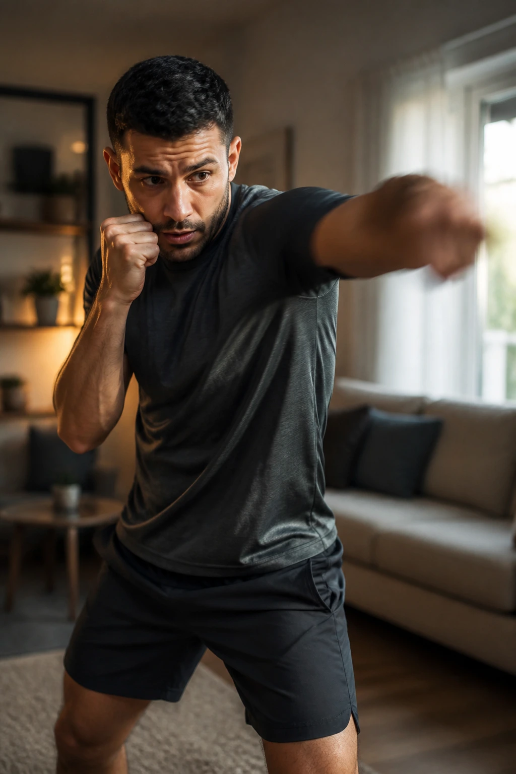 Real person shadowboxing indoors with fast combos