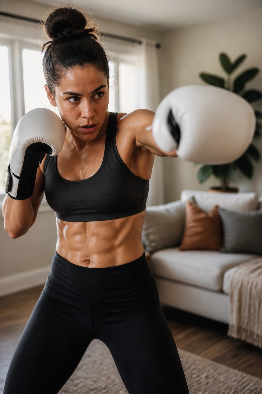 Real person shadow boxing in a bright living room, fists up