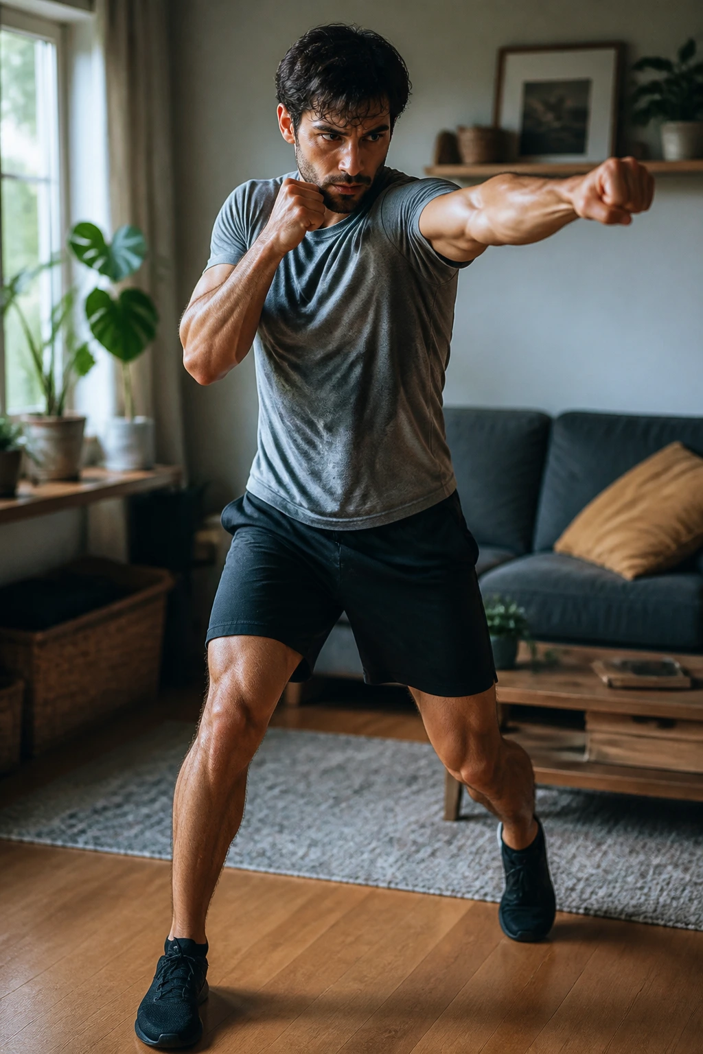 Portrait of a person shadow boxing in a living room