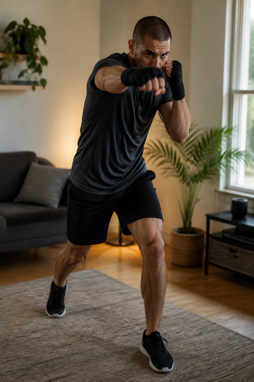 Medium close-up of a person shadow boxing in a sunlit living room