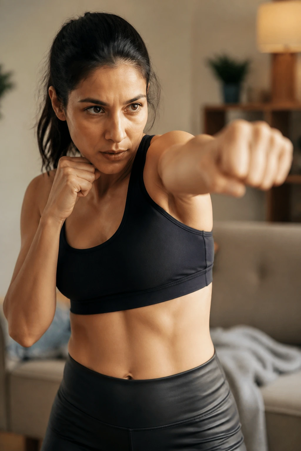 Medium close-up of a real woman shadow boxing at home