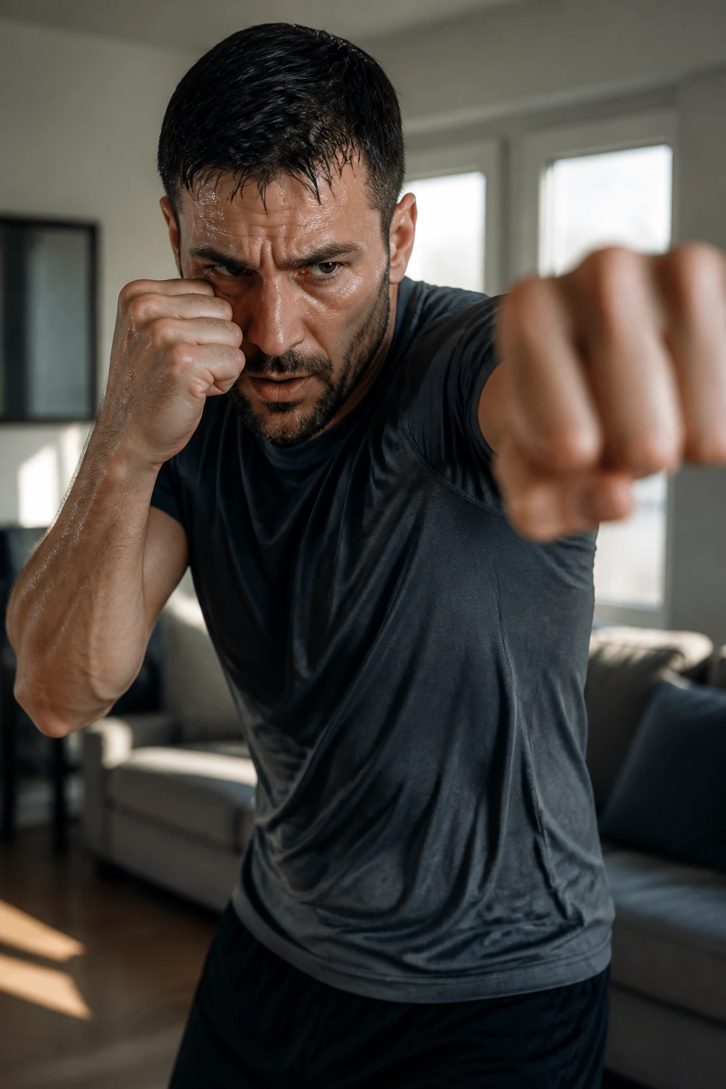 Close-up of person shadow boxing indoors